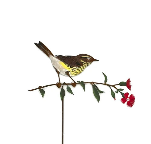 Waterthrush on Red Blossom Stake - Painted