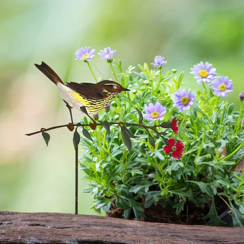 Waterthrush on Red Blossom Stake - Painted